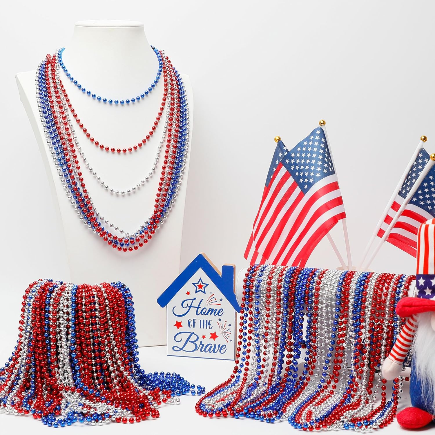 200 PCS Beads Necklace, 33″ Patriotic Necklace, Red Blue Silver Fourth of July B
