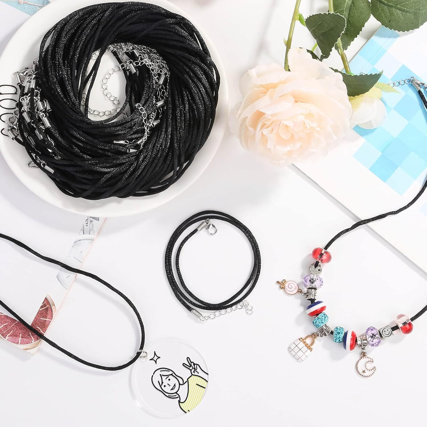 50Pcs Satin Silk Necklace Cord with Lobster Clasp and Extension Chain for Neckla