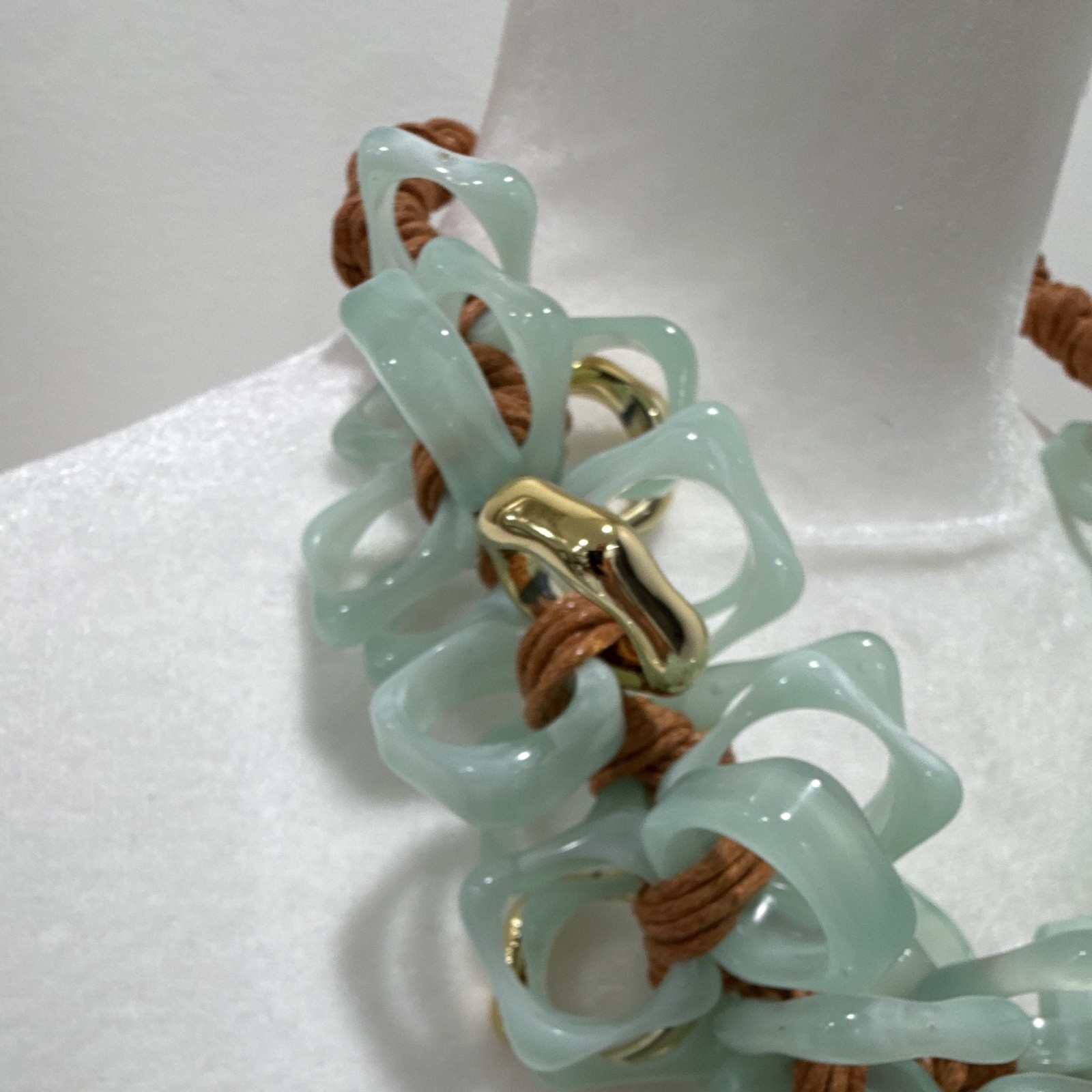 Aqua Acrylic Link Statement Necklace Brown Cord Gold Tone Cable Chain Adjustable