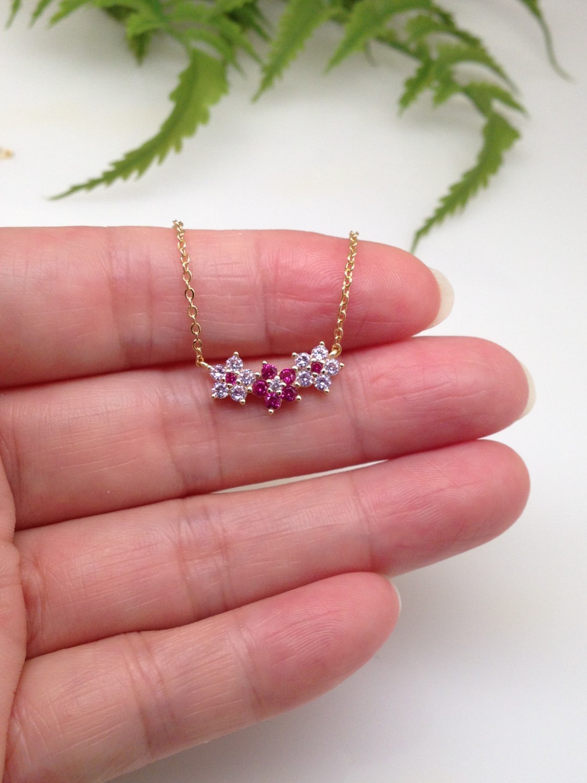 925 Sterling Silver CZ Pink Flower Pendant Gold Necklace Three Flower 16mm 17.5″