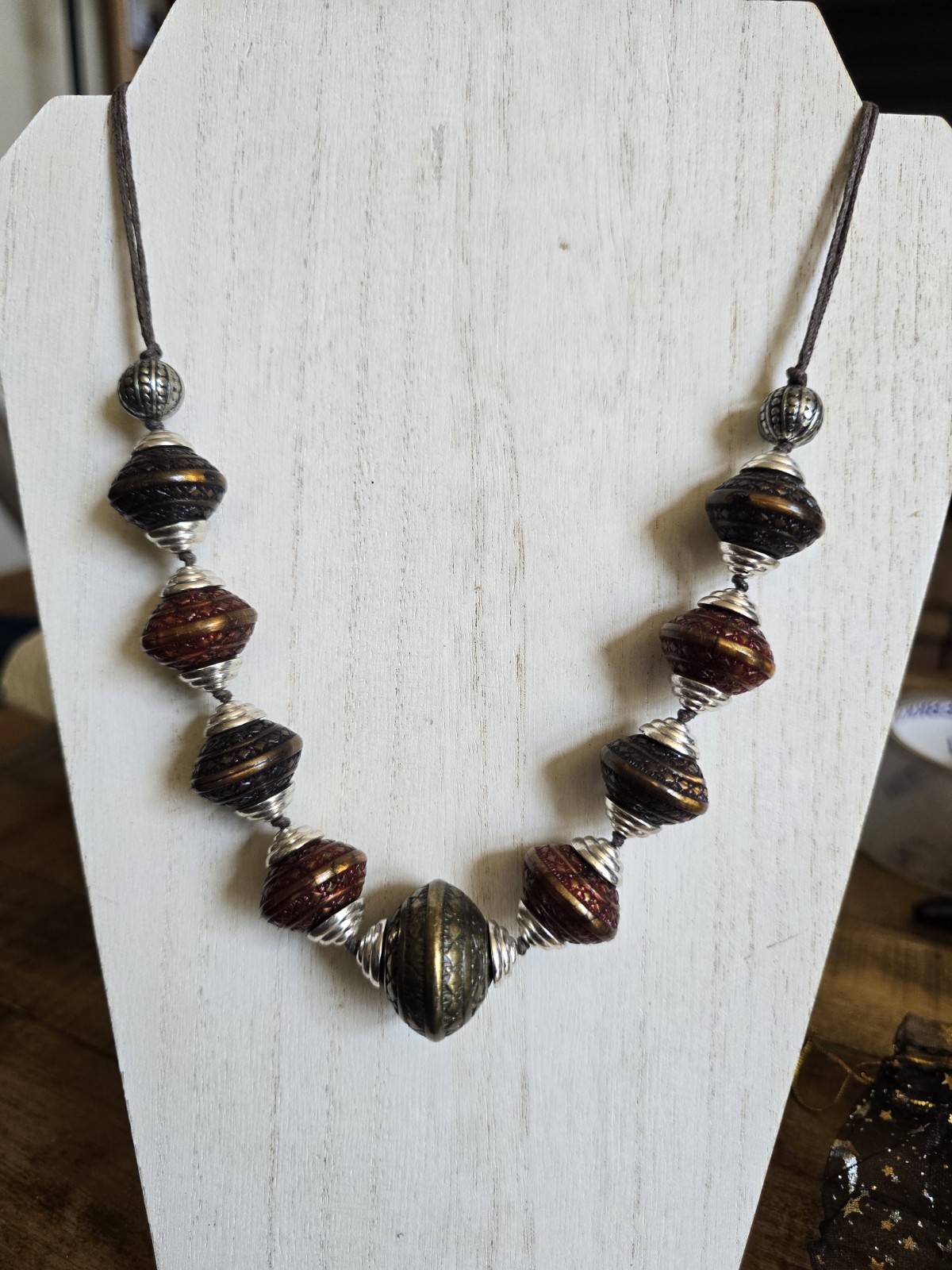 Silver Bronze Gold Tribal Filigree Beaded Necklace 21”