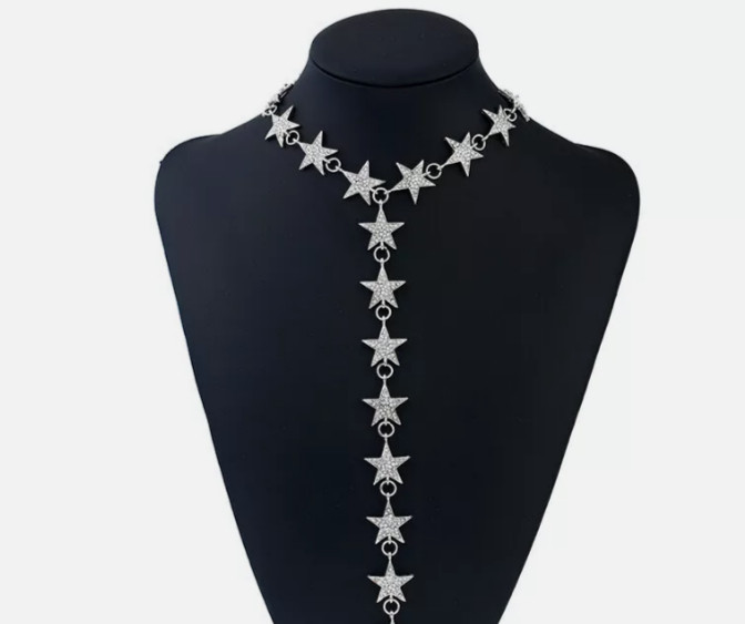 Rhinestone Crystal Star Necklace Lariat Choker Long Twinkle Charms Sparkle Drops