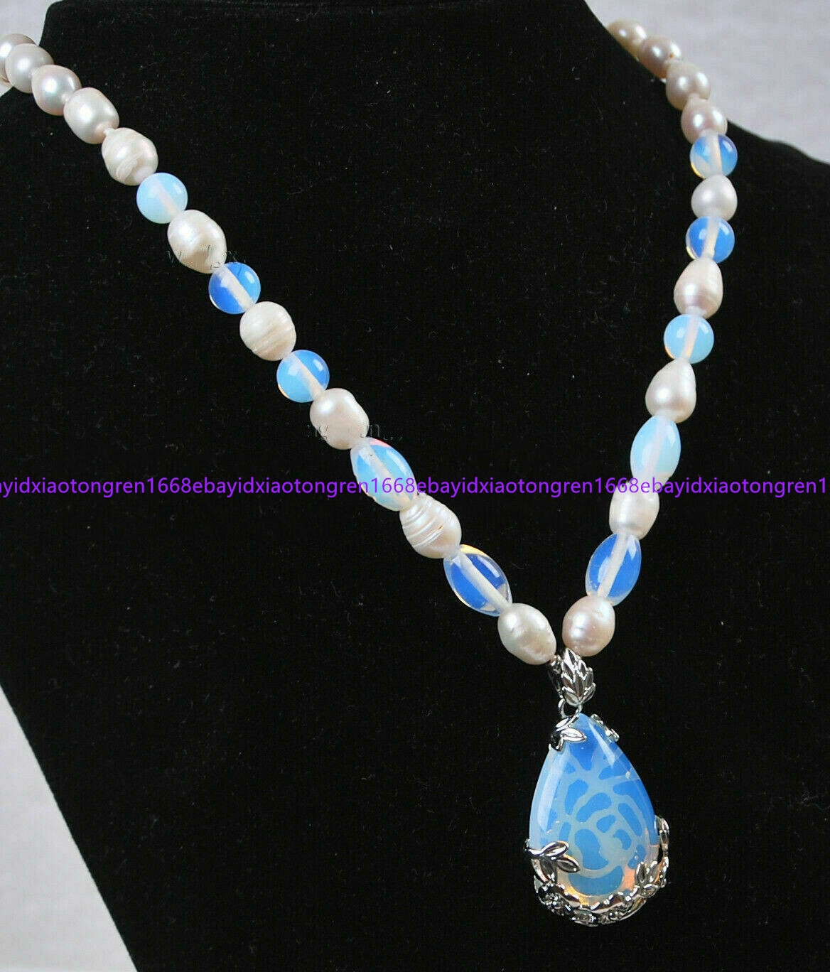 Natural 7-8mm White Cultured Pearl & Moonstone Pendant Necklace 18 Inch