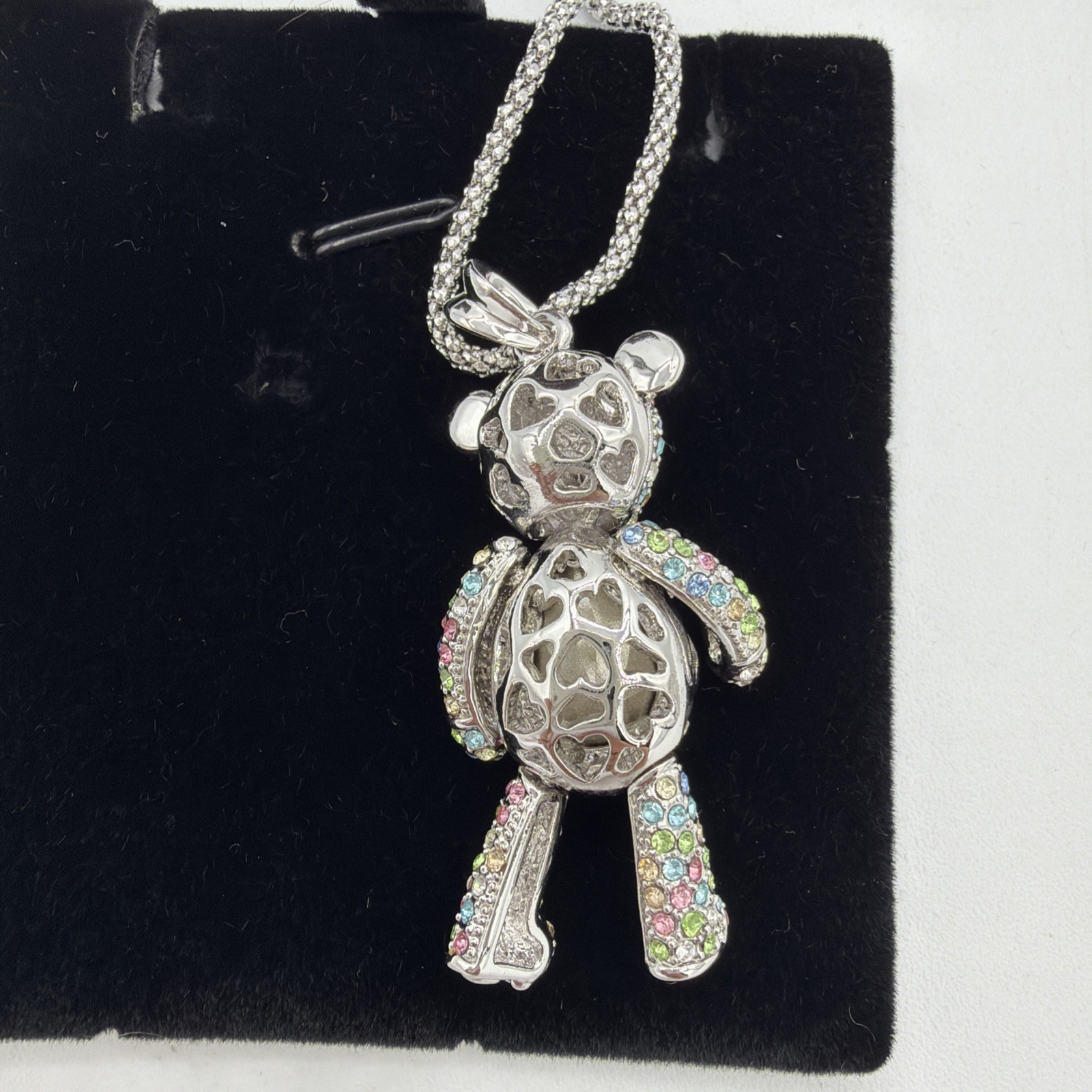 Swarovski Silver Tone Articulated Princess Teddy Bear Necklace J. NINA crystals
