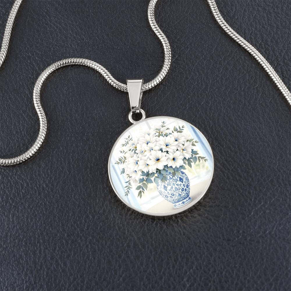 Engraved Floral Pendant Necklace Delft Blue Vase