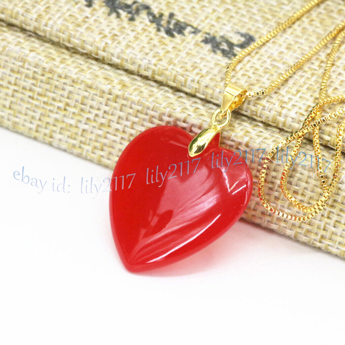 25mm Natural Red Jade Heart Gemstone Pendant Necklace Gold Plated Chain 17″