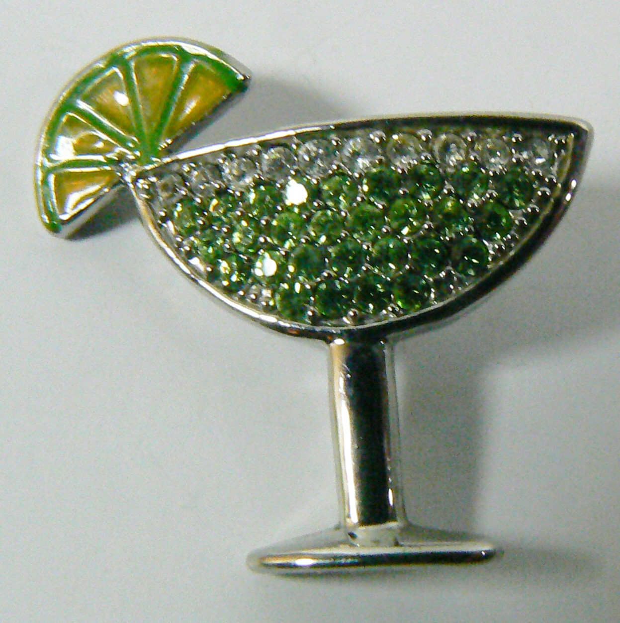 Silver Tone Metal Clear & Peridot Crystal Margarita glass & Lemon Lime Pendant