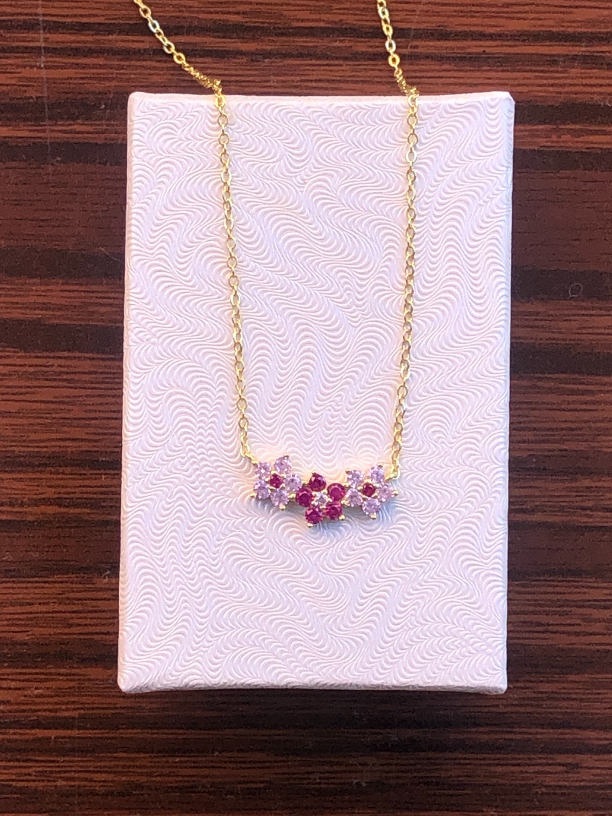 925 Sterling Silver CZ Pink Flower Pendant Gold Necklace Three Flower 16mm 17.5″