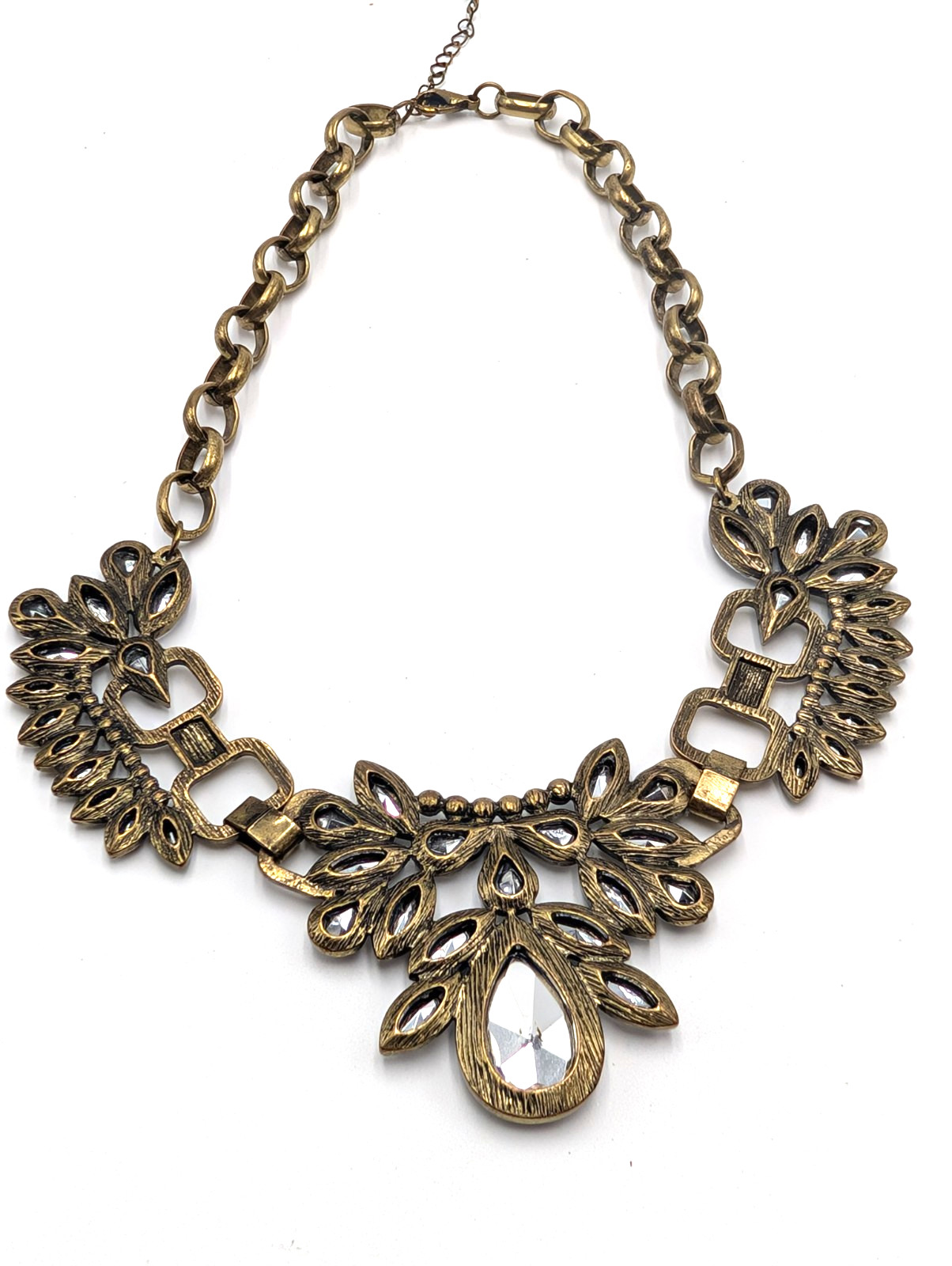 Antique Bronze Tone With Big Colorless Rhinestone Statement Necklace