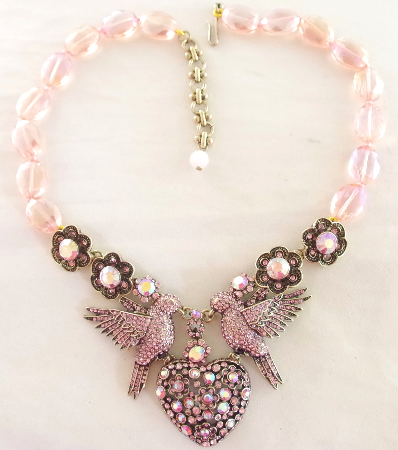 DESIGNER STYLE PINK AB CRYSTAL RHINESTONE LOVE BIRDS VALENTINE HEART NECKLACE