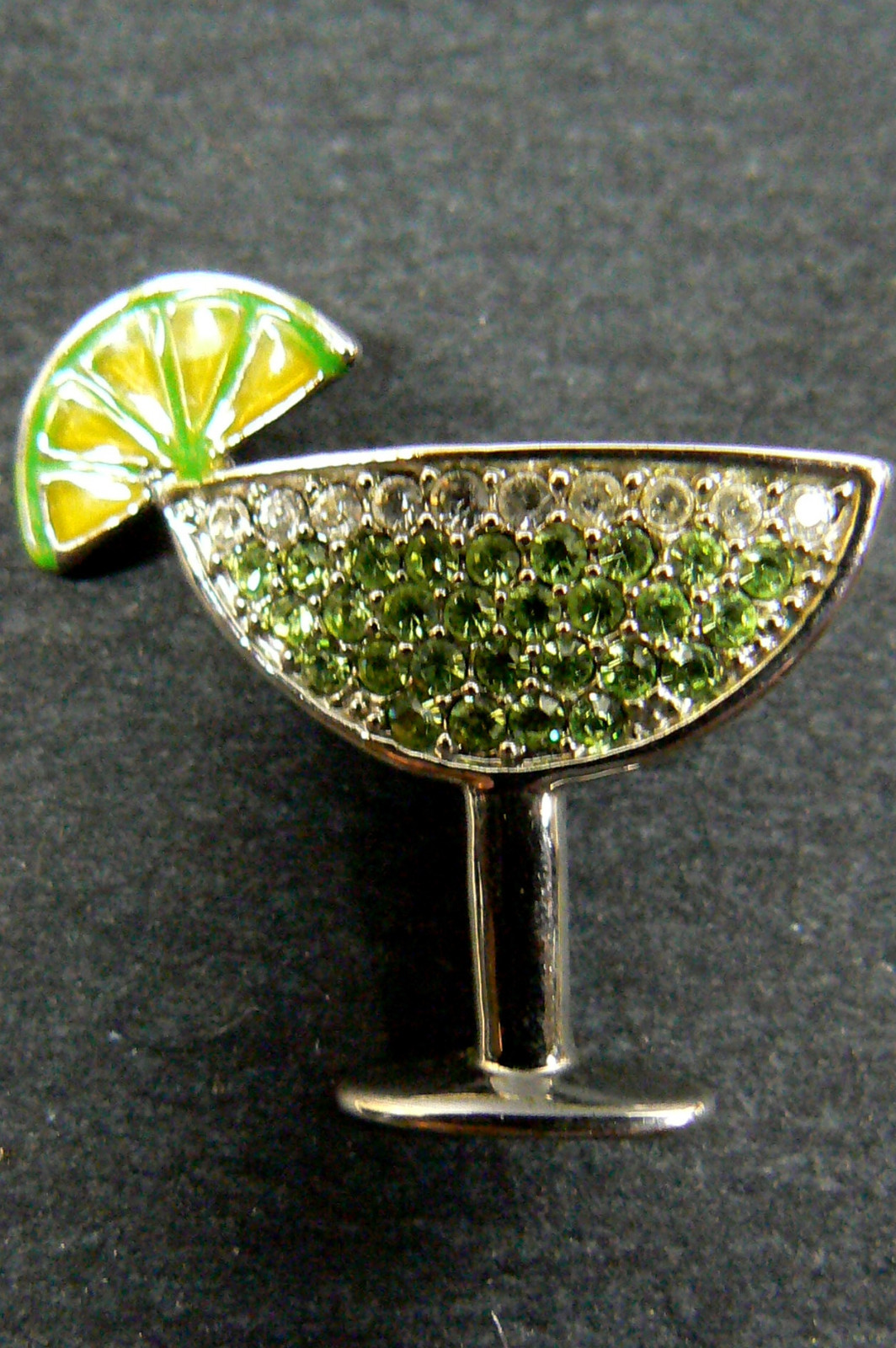 Silver Tone Metal Clear & Peridot Crystal Margarita glass & Lemon Lime Pendant