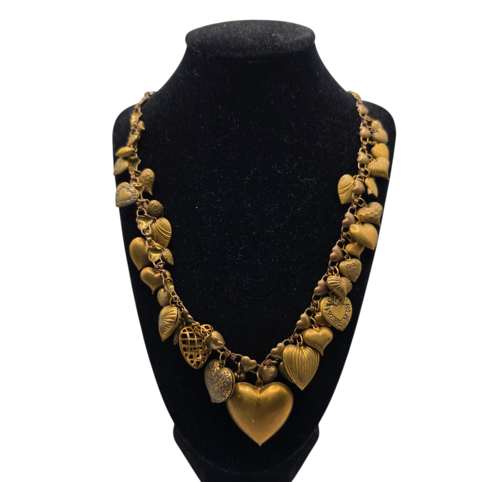 Pididdly Links Heart Charm Necklace Brass Tone Statement Vintage Jewelry