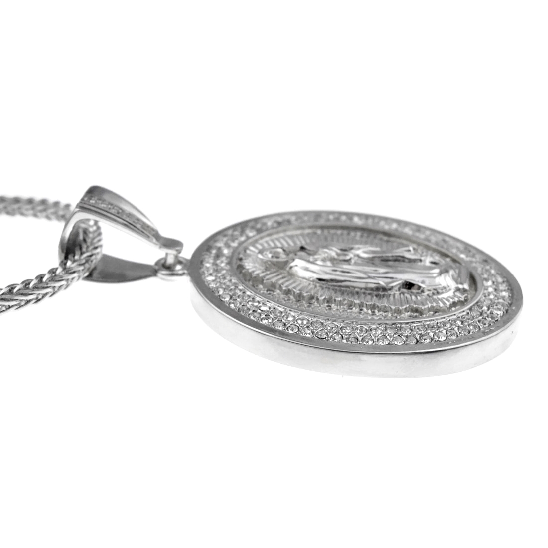 Virgin Mary Iced Simulated CZ Virgen De Guadalupe Silver Tone Franco Chain 36″