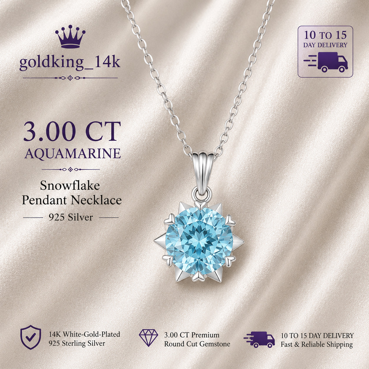 3 Ct Round Cut Aquamarine Snowflake Pendant Necklace Women 14K White Gold Plated
