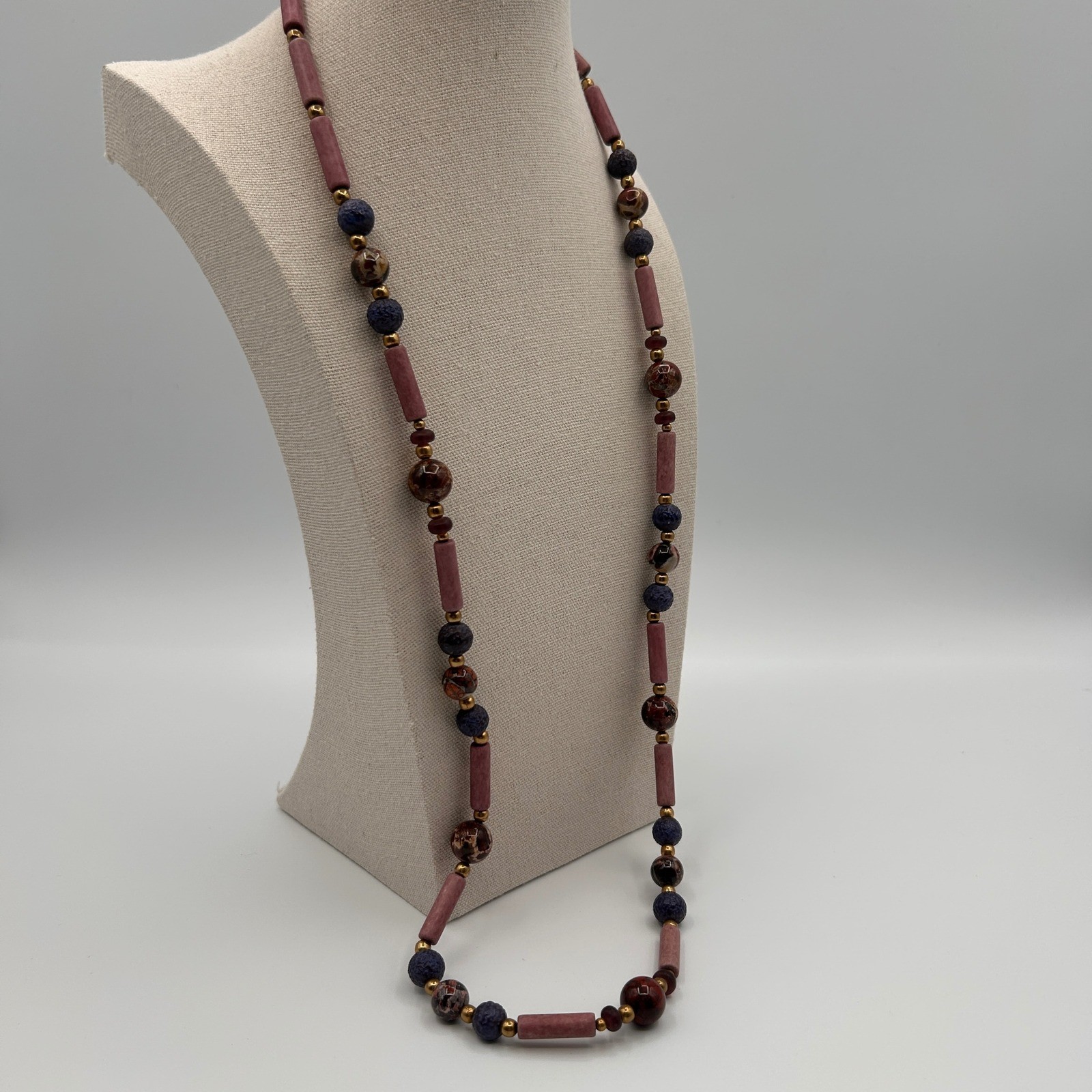 Boho Beaded Necklace Mauve Jasper Lava Rock Gold Tone Barrel Clasp 28″