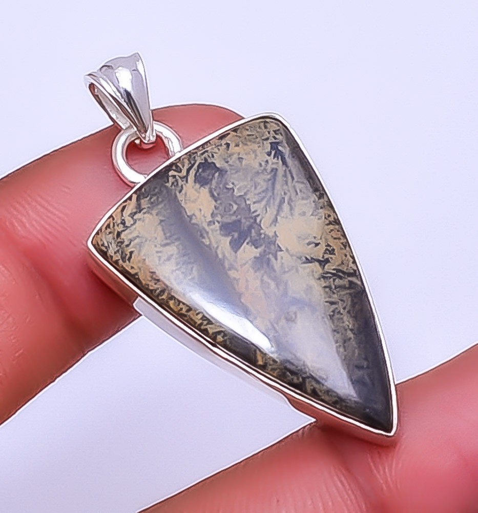 Honey Dendritic Opal – Mexico Gemstone 925 Sterling Silver Pendant 1.83″ P42
