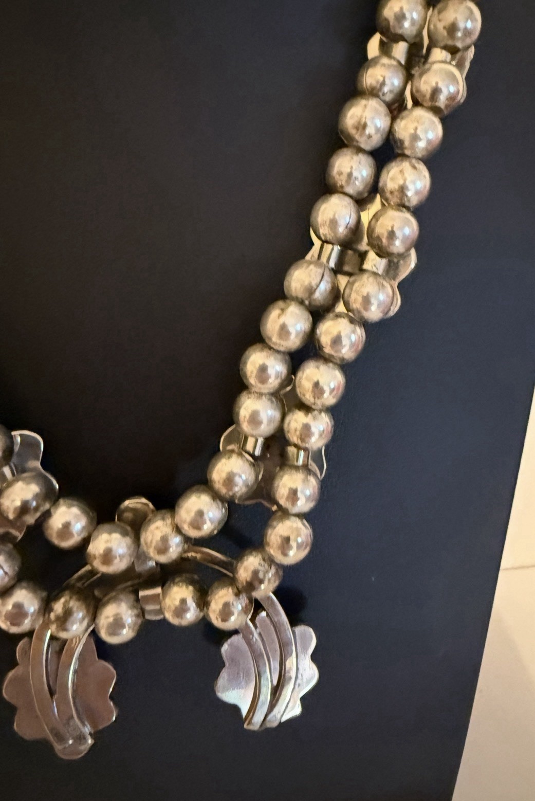 Vintage Southwestern Silver Bead Necklace w/ Malachite Stones & Naja Pendant