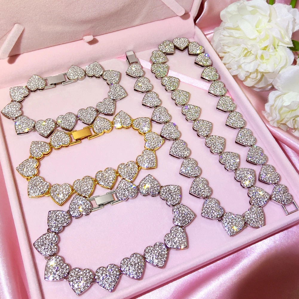 Diamond Paved Crystal Heart Cuban Link Chain Necklace for Women Hip Hop Iced Ou