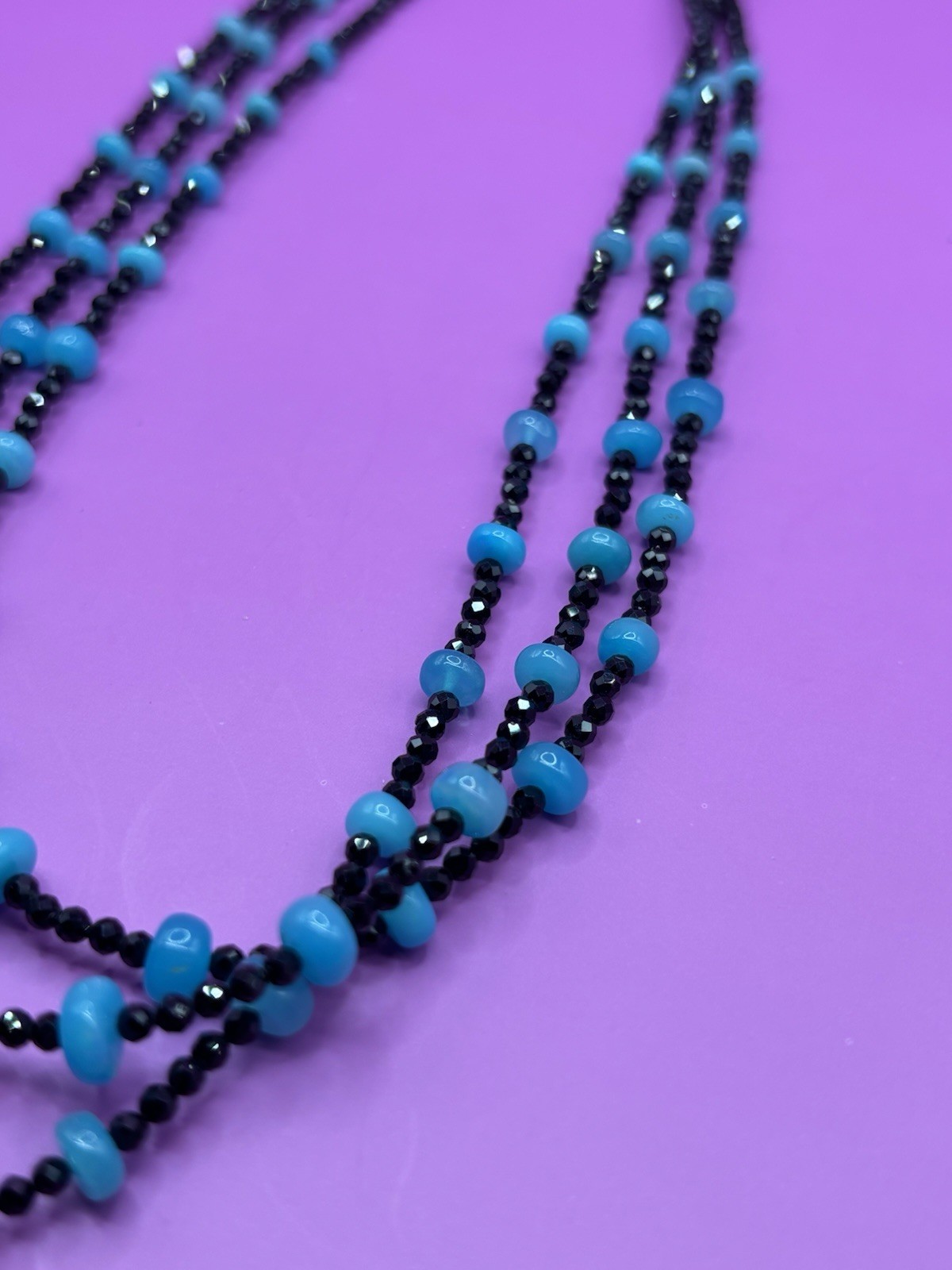 4-7MM Round Paraiba Blue Color Opal w/ 2-2.5MM Black Spinel Necklace