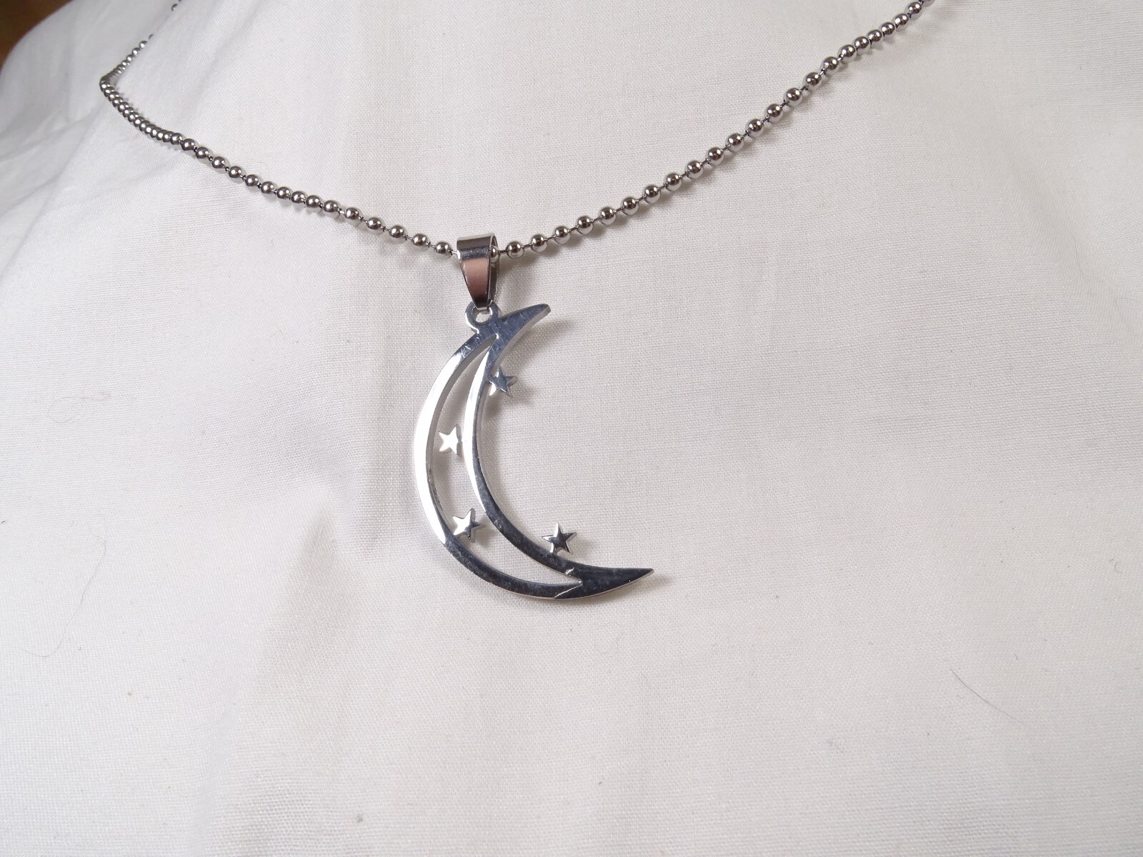 New Large Chrome Stainless Moon & Stars 25” Steel Ball Chain Unisex Necklace