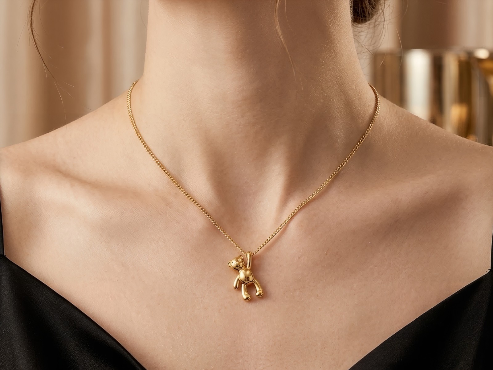 Gold Teddy Bear Pendant Necklace Titanium Steel Cute Animal Charm Women Gift
