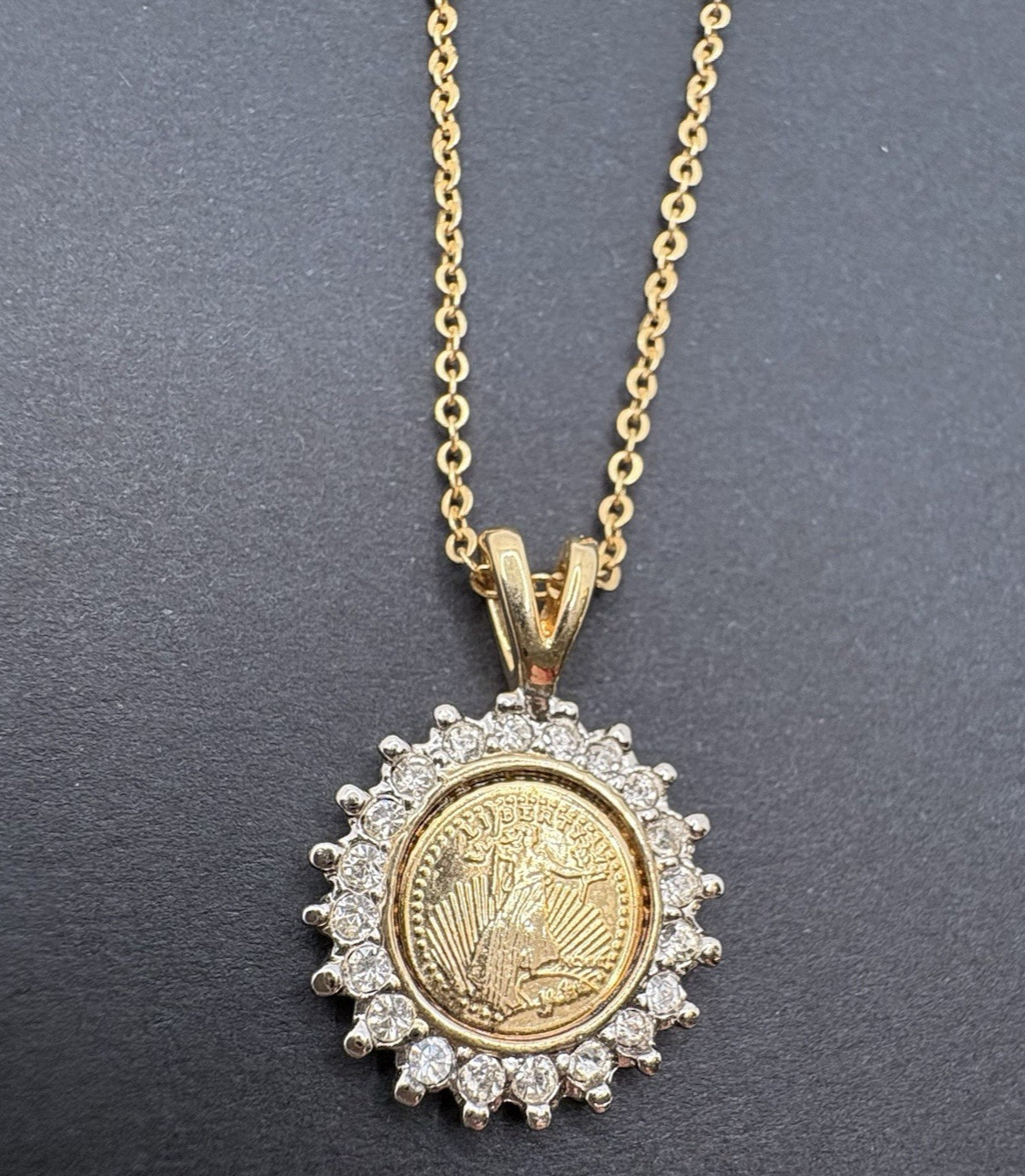 Vintage Lady Liberty Mini Coin Pendant Necklace Pavé Crystals Accent Gold Tone