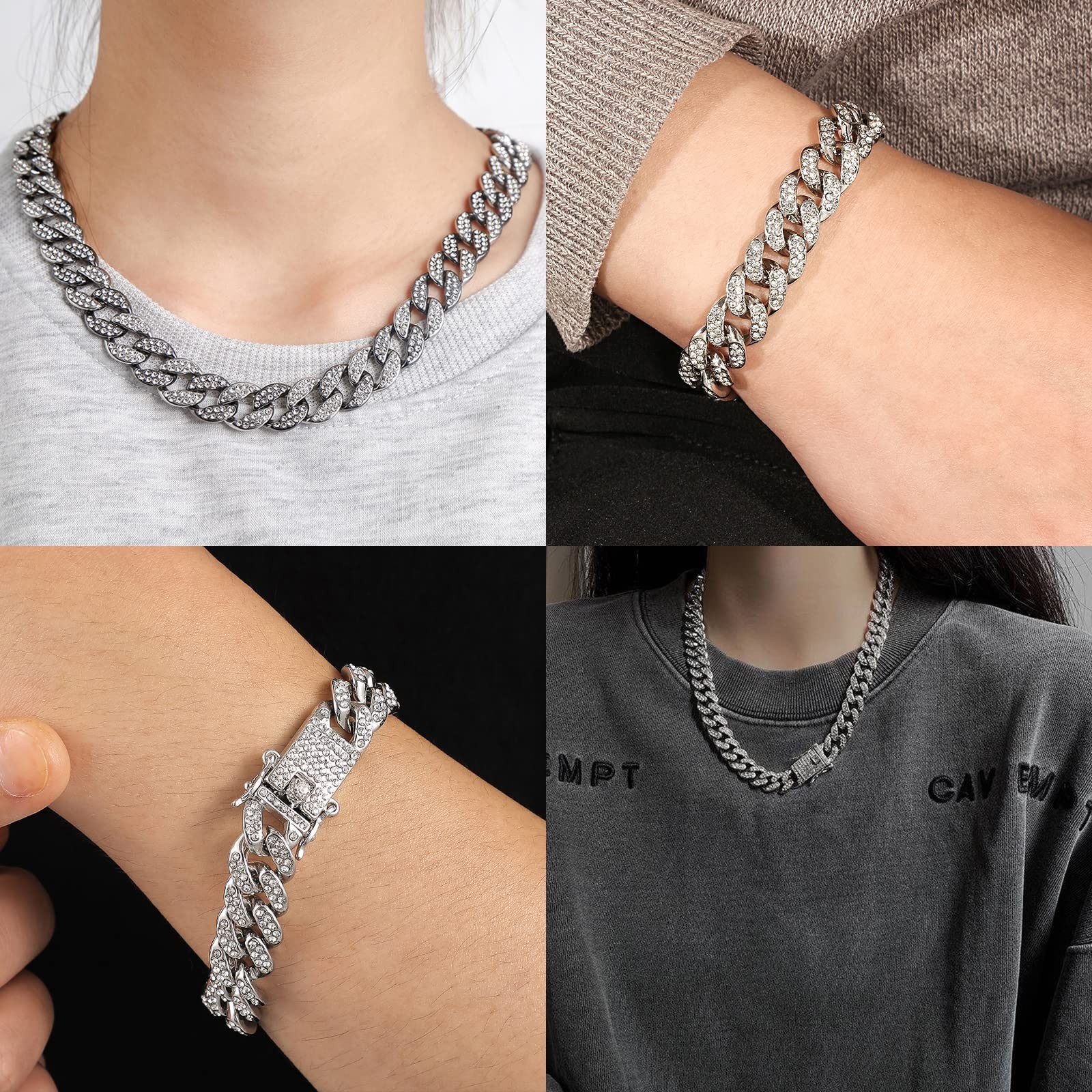 GIHENHAO 2pcs Cuban Link Chain for Men,Silver Necklace and Bracelet,Miami Cub…