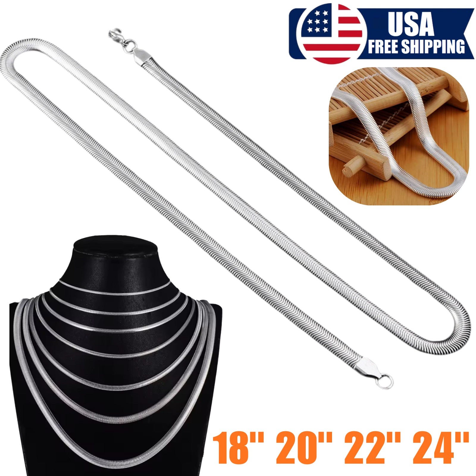 Silver Plated Flat Snake Chain 18- 24 In Necklace 2-4 mm Men Women Jewelry USA
