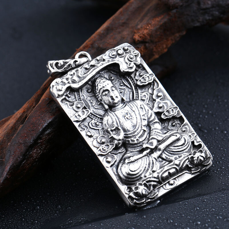 MENDEL Stainless Steel Mens Thai Tibetan Large Amulet Buddha Pendant Necklace