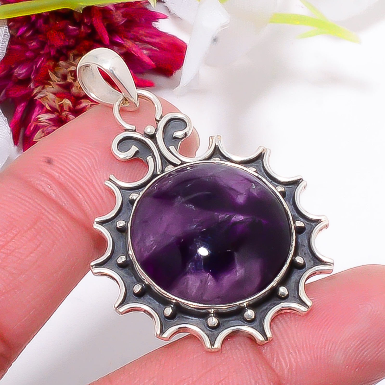 Trapiche Amethyst – Brazil Oxidised 925 Sterling Silver Pendant 1.87″ sku25