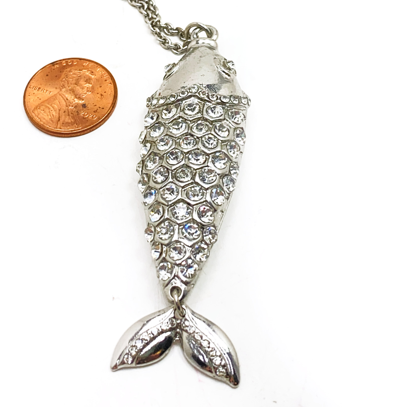 Fish Pendant Sparkly Pave Rhinestone 32 in Long Silver Tone Chain