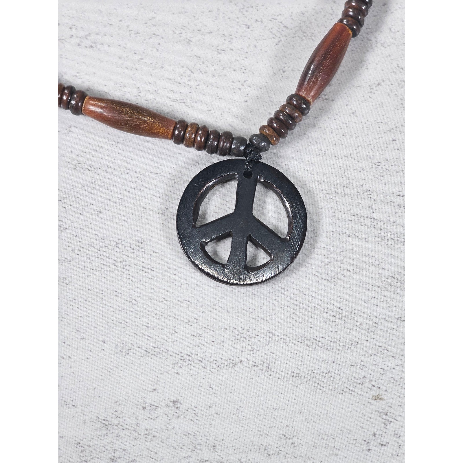 Vintage Wood Peace Sign Necklace Boho Beaded Cord Pendant