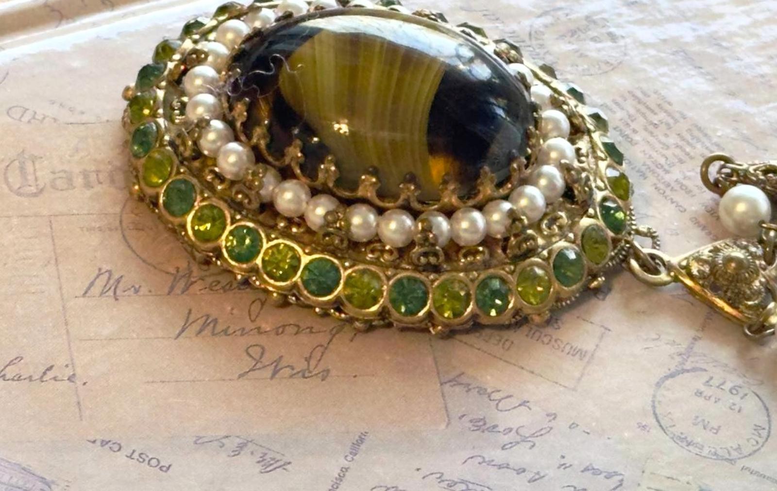 Vintage West Germany Victorian Revival Brass Filigree Striped Art Glass Cabochon