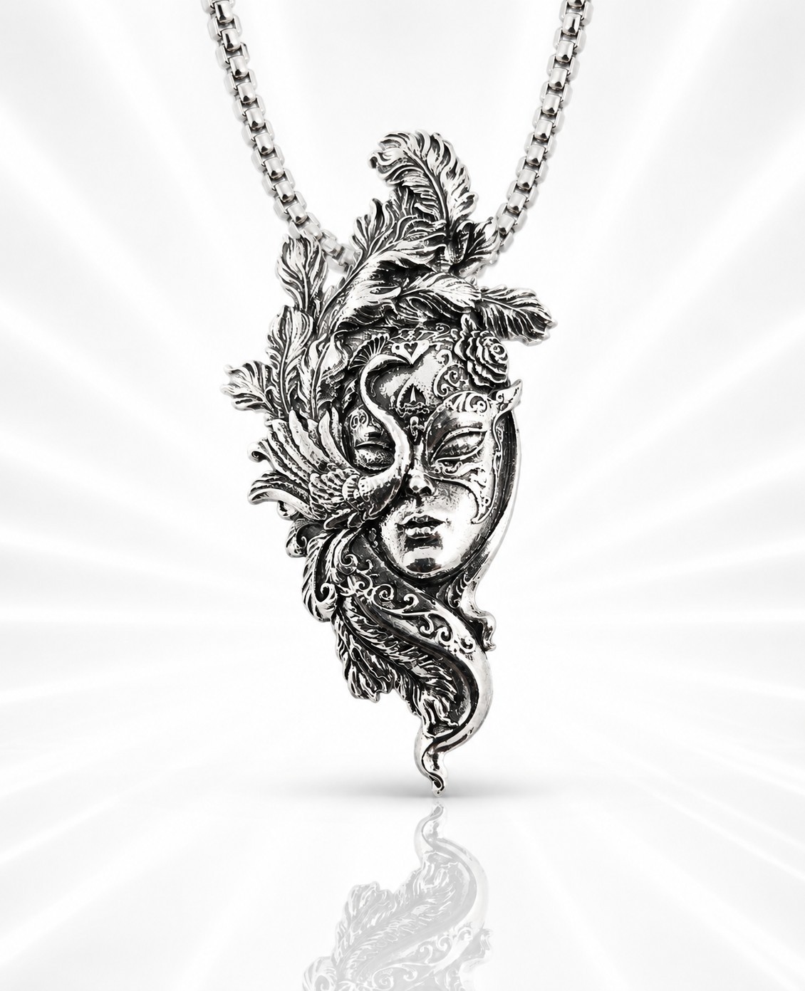 Celtic Goddess Fantasy Vintage Stainless Chain Mask Pendant Necklace Peacock DND