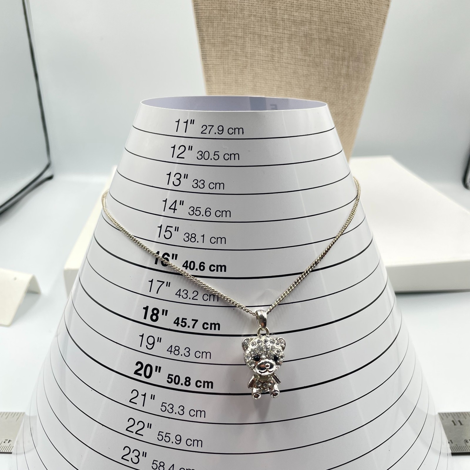 Adjustable Silver-Tone Curb Chain Rhinestone Pave Teddy Bear Pendant Necklace