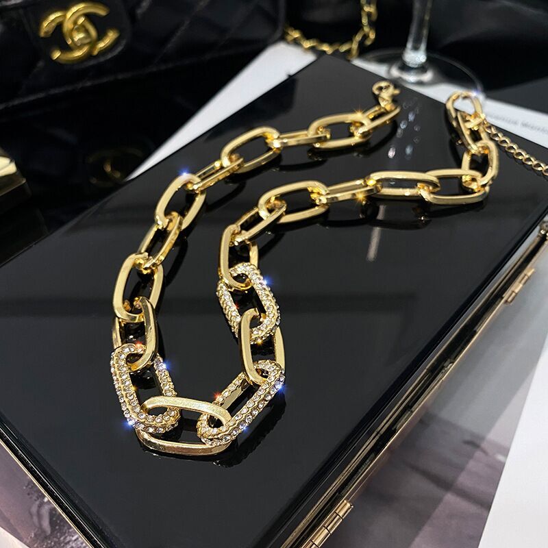 20mm Thick Wide Woman 18K Gold Plated Rolo Link Chain CZ Starry Necklace Choker