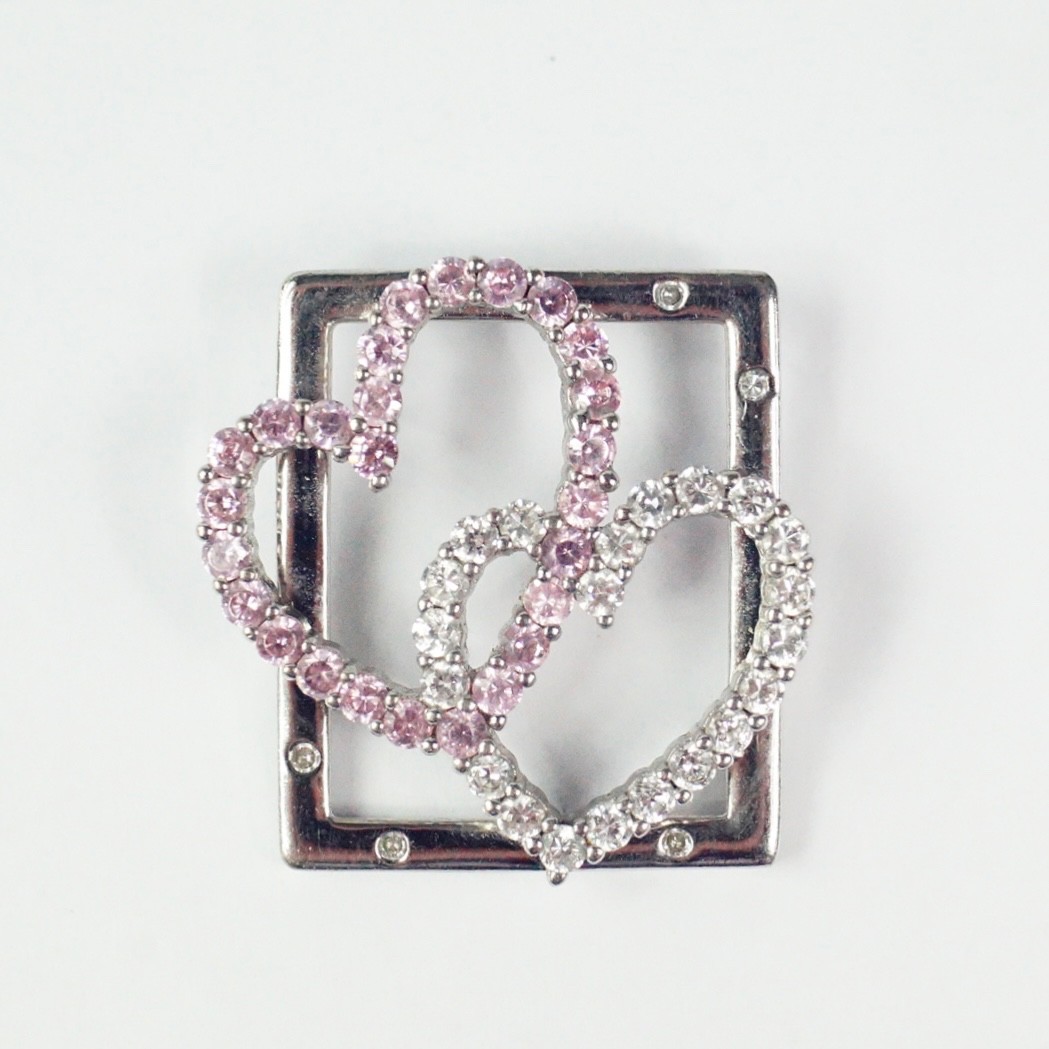 Sterling Silver Pink Ice And Clear Colorless CZ Hearts In Rectangle Pendant