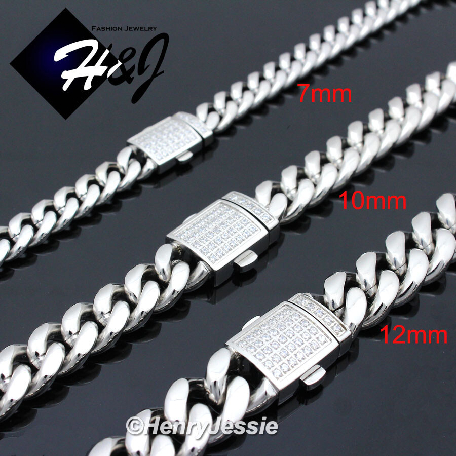 18″-40″Stainless Steel 7/10/12mm Silver/Gold Plated CZ Cuban Curb Necklace*N165