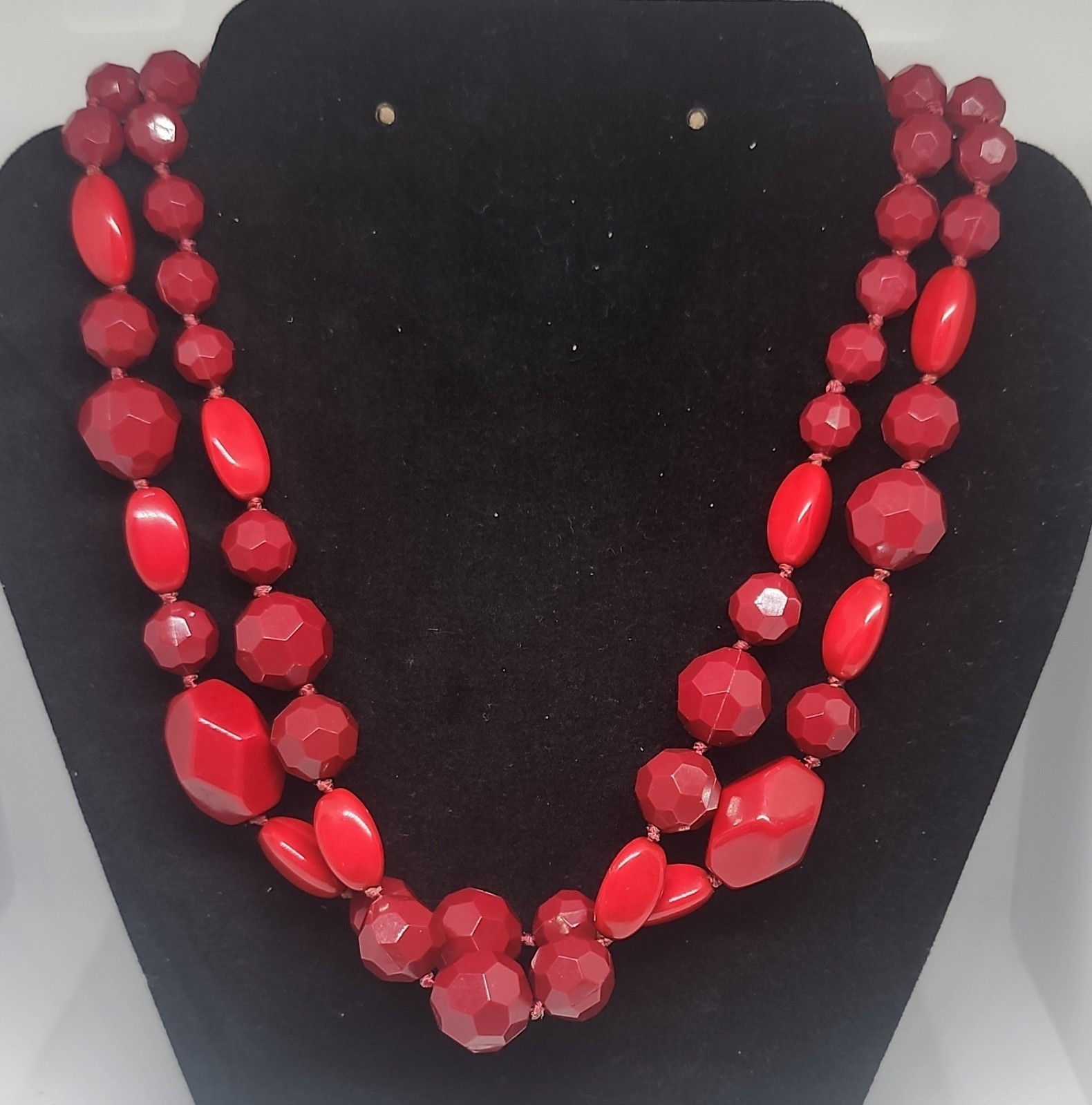 Red Double Strand Beaded Statement Necklace Adjustable Lobster Clasp