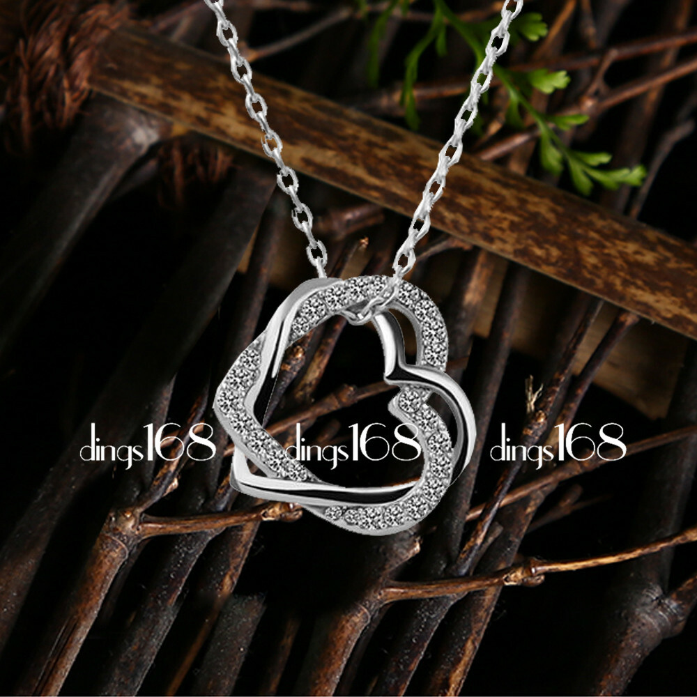 18K White Gold Filled Hypo-allergenic Crystal Double Heart Pendant Necklace L028