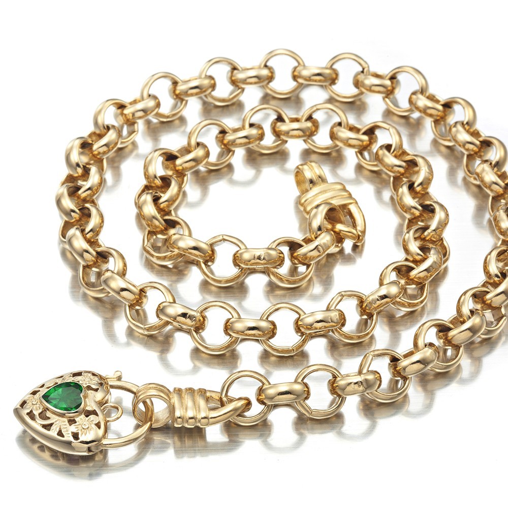 18K GL Thick Solid Rolo Yellow Gold Necklace Filigree Heart Padlock Emerald Gem