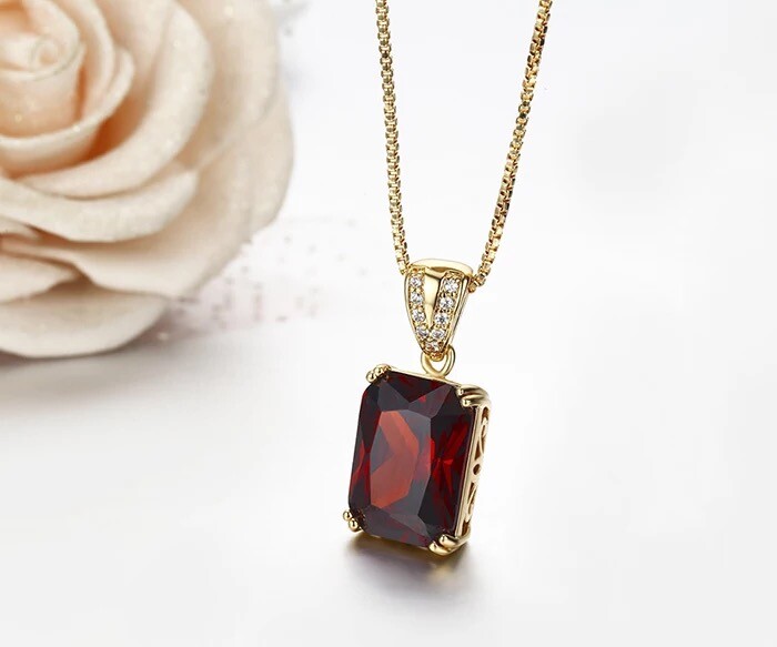 ZARD Emerald Cut Red Cubic Zirconia Pendant in 14K Gold Necklaces