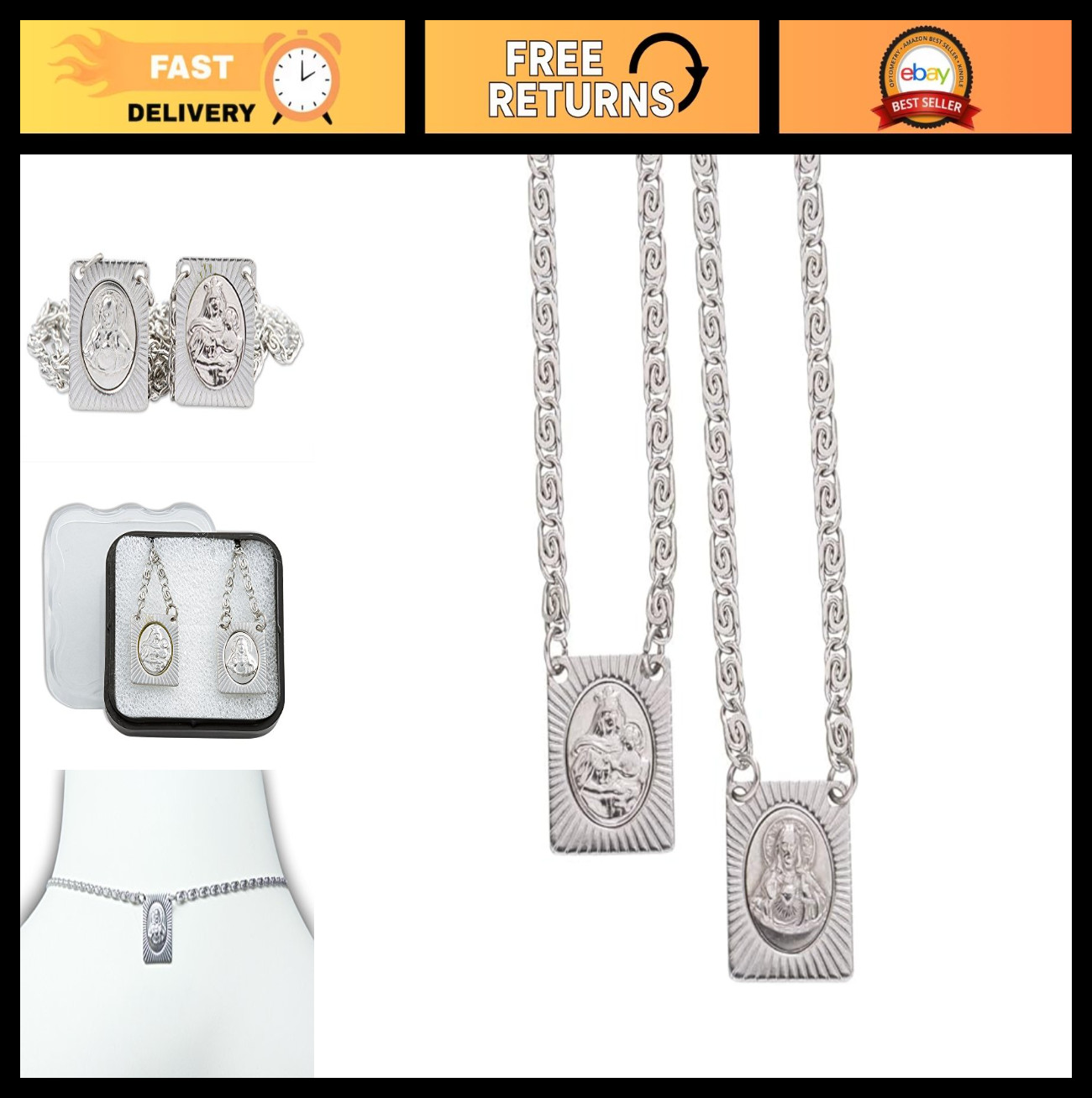 Stainless Steel Scapular Necklace with Sacred Heart & Our Lady Icons – 14 Inch C