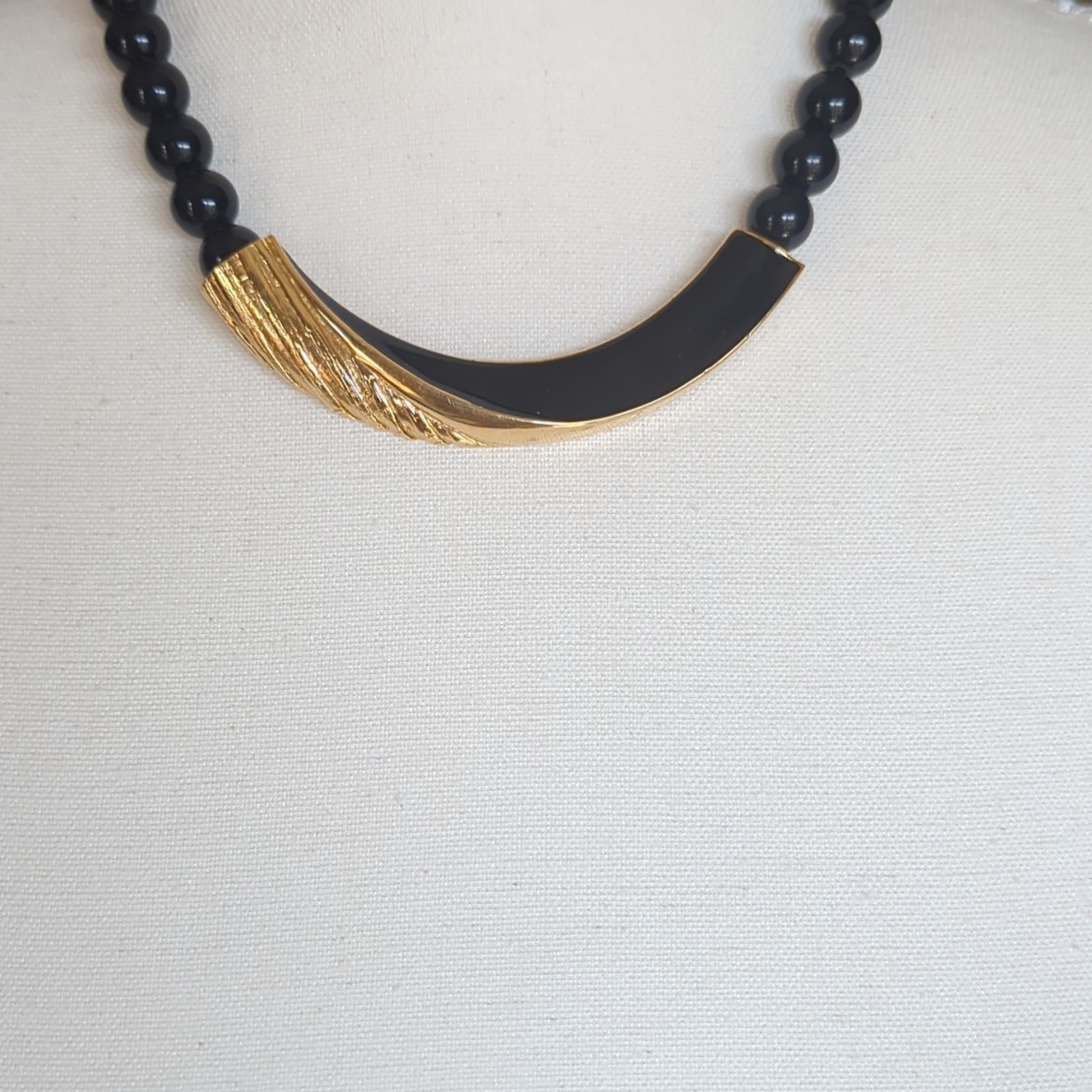 VintageTl Trifari Signed Black Plastic Beaded Statement Necklace Gold Tone Bar
