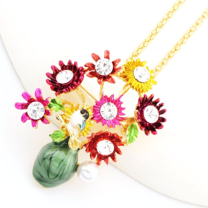 New Fashion Women Colorful Enamel Cute Flower Vase Crystal Pendant Necklace