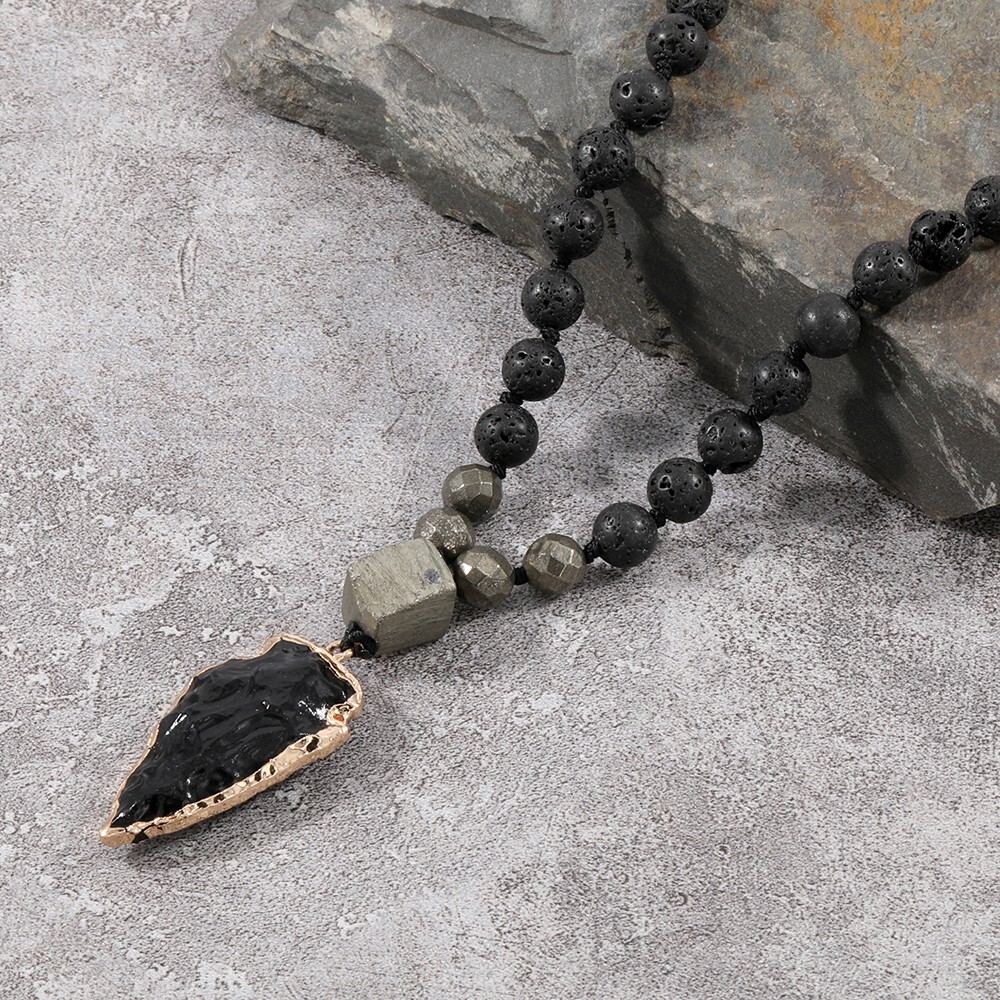 Natural Lava Rock Volcano Stone Beads Necklace Obsidian Arrow Charm Necklace