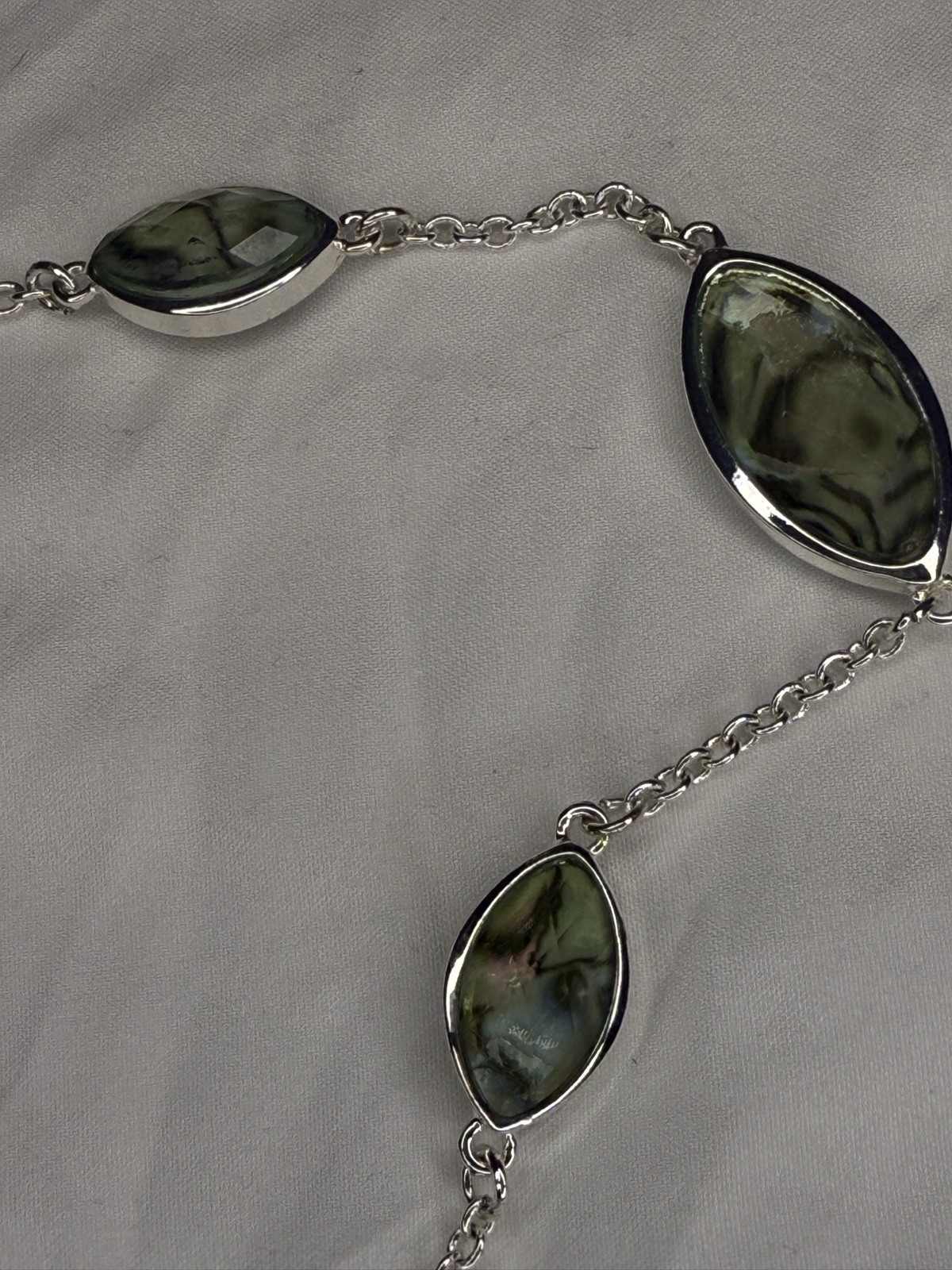 Swarovski 32″ Abalone Shell Crystal Station Necklace Signed Swan Logo Flush Set