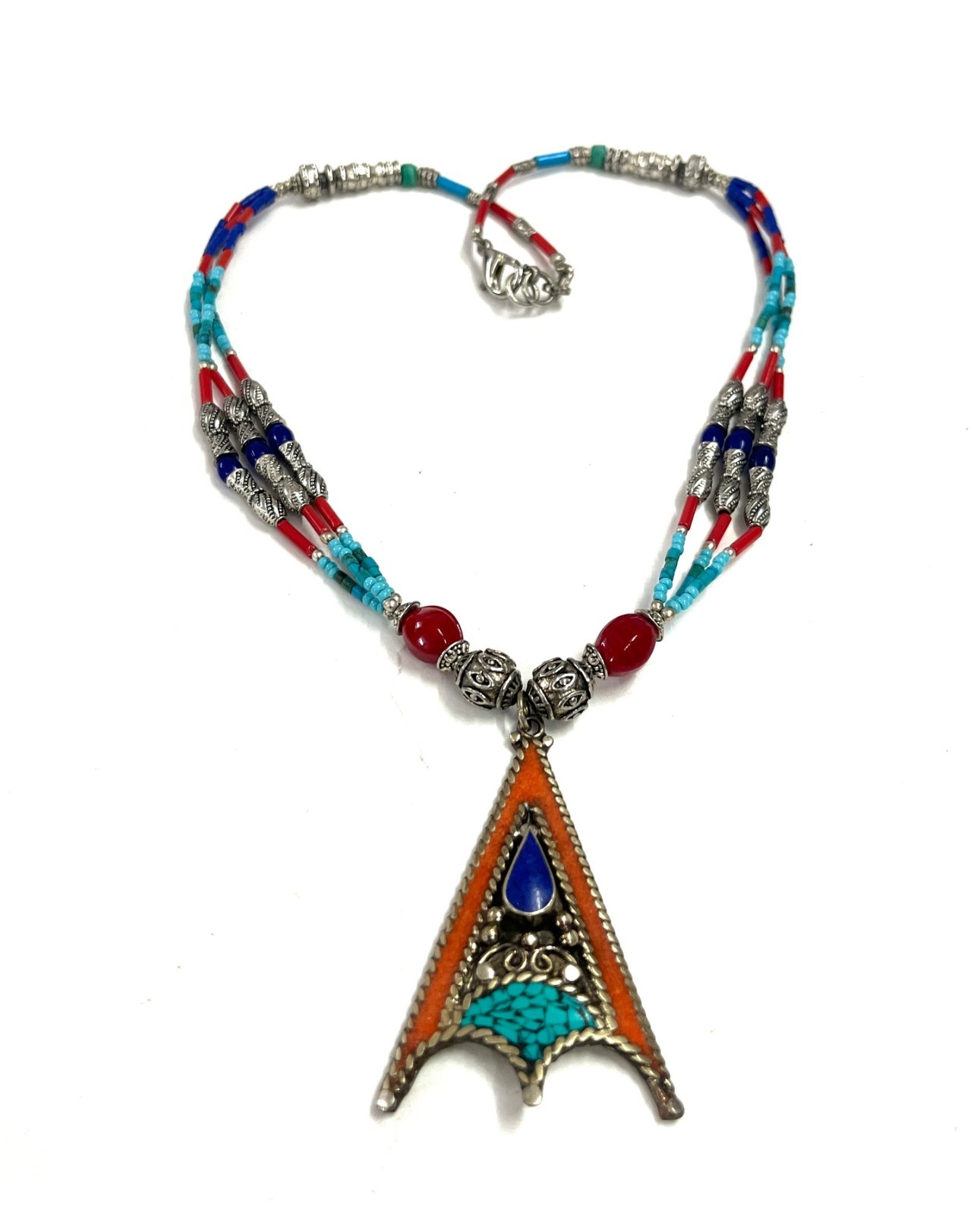 Antique Coral Turquoise Gemstone Tibetan Style Necklace Jewelry, 17 Inch Adjs
