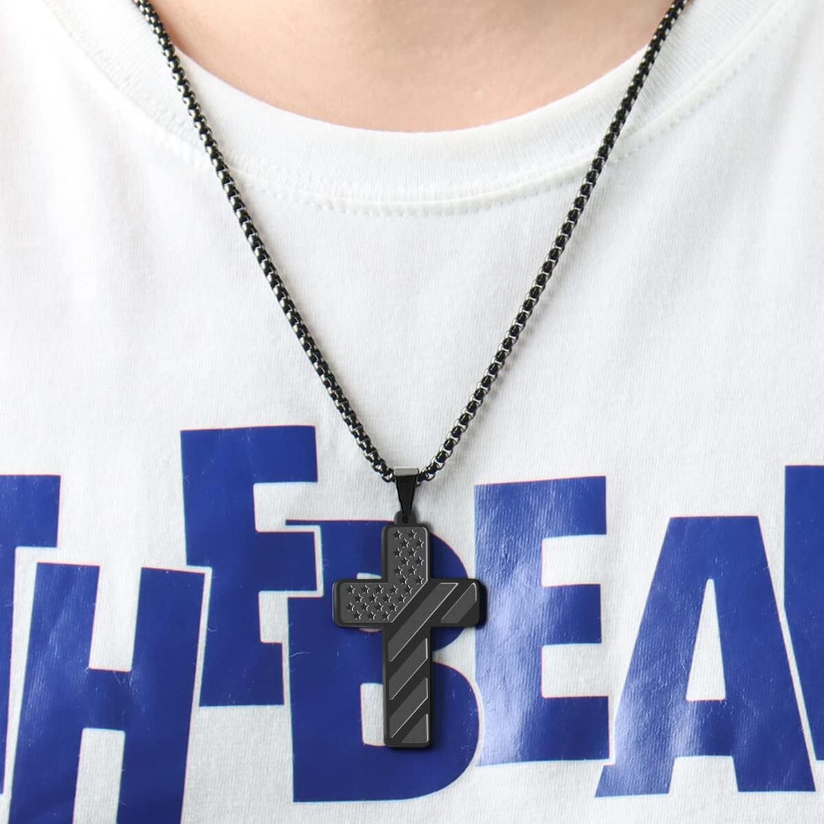 Mens Boys Inspirational Black American Flag Cross Pendant Bible Verse Necklace