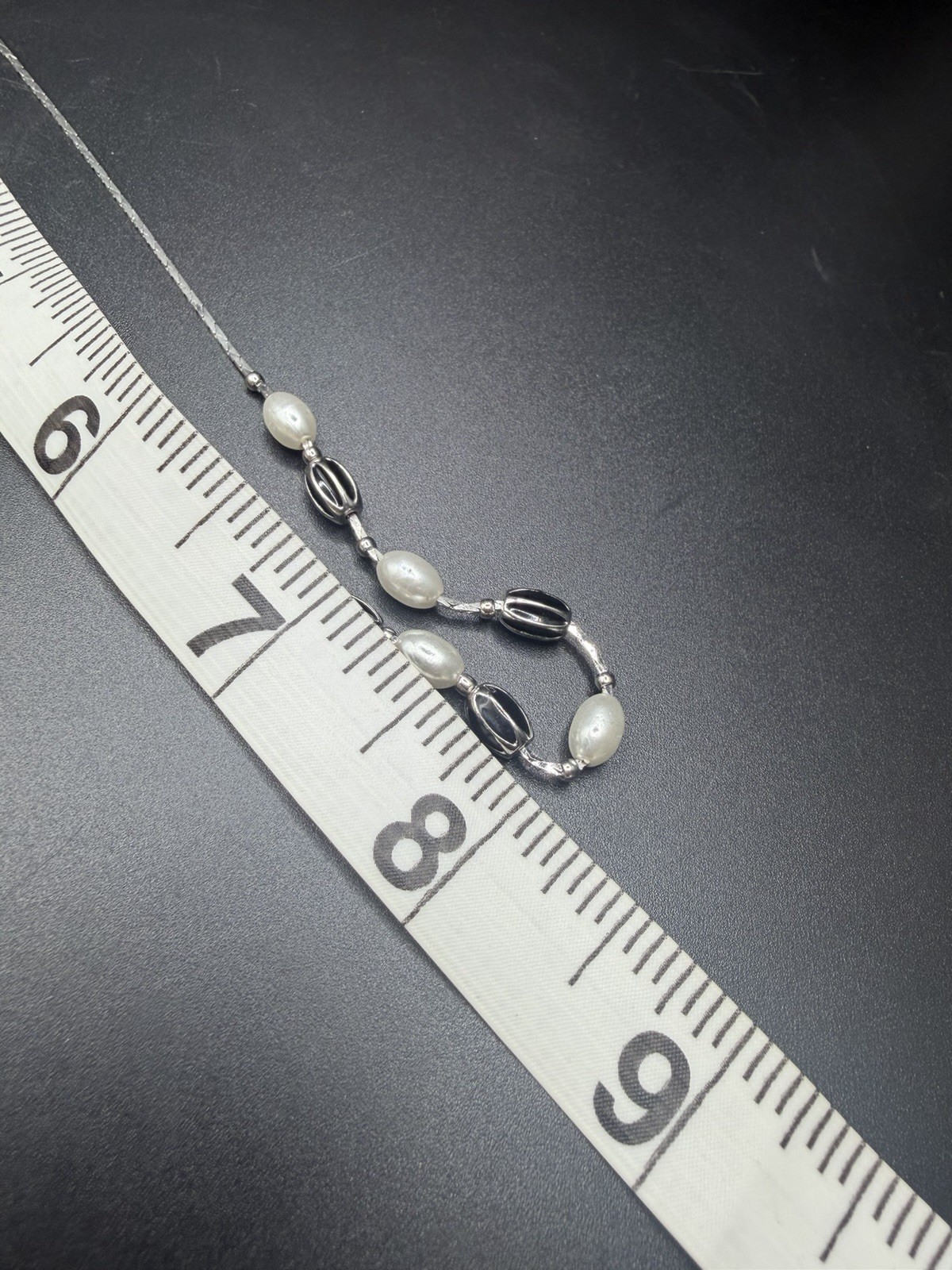 Silver tone Snake Chain White Pearl Station Necklace Spring Ring Signed